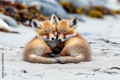 Wild baby red foxes cuddling at the beach, June 2020, Nova Scotia, Canada, ai