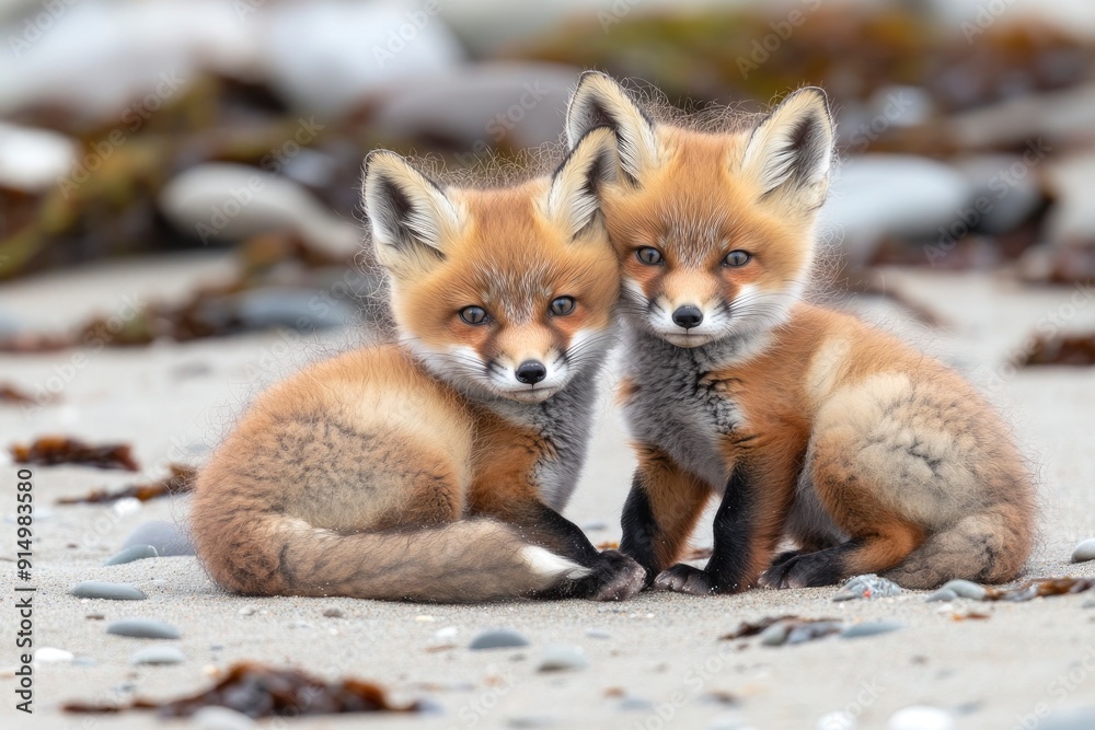 Wild baby red foxes cuddling at the beach, June 2020, Nova Scotia, Canada, ai Wild baby red foxes cuddling at the beach, June 2020, Nova Scotia, Canada, ai