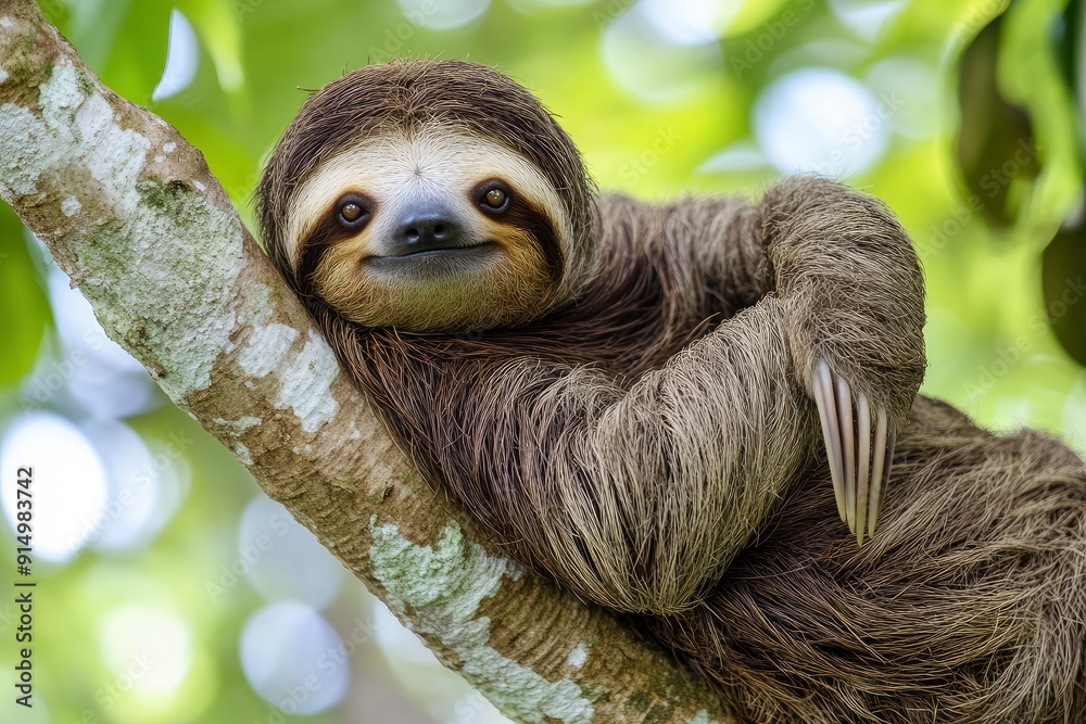 Funny sloth hanging on tree branch, cute face look, perfect portrait of wild animal in the Rainforest of Costa Rica scratching the belly, Bradypus variegatus, brown-throated three-toed sloth, ai Funny sloth hanging on tree branch, cute face look, perfect portrait of wild animal in the Rainforest of Costa Rica scratching the belly, Bradypus variegatus, brown-throated three-toed sloth, ai