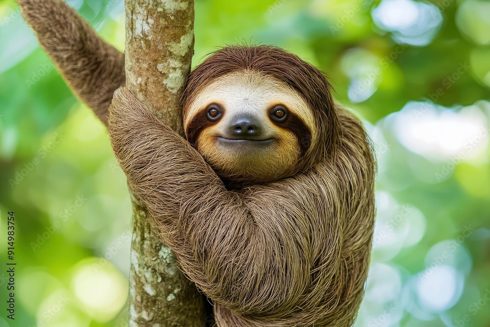 Fototapeta premium Funny sloth hanging on tree branch, cute face look, perfect portrait of wild animal in the Rainforest of Costa Rica scratching the belly, Bradypus variegatus, brown-throated three-toed sloth, ai