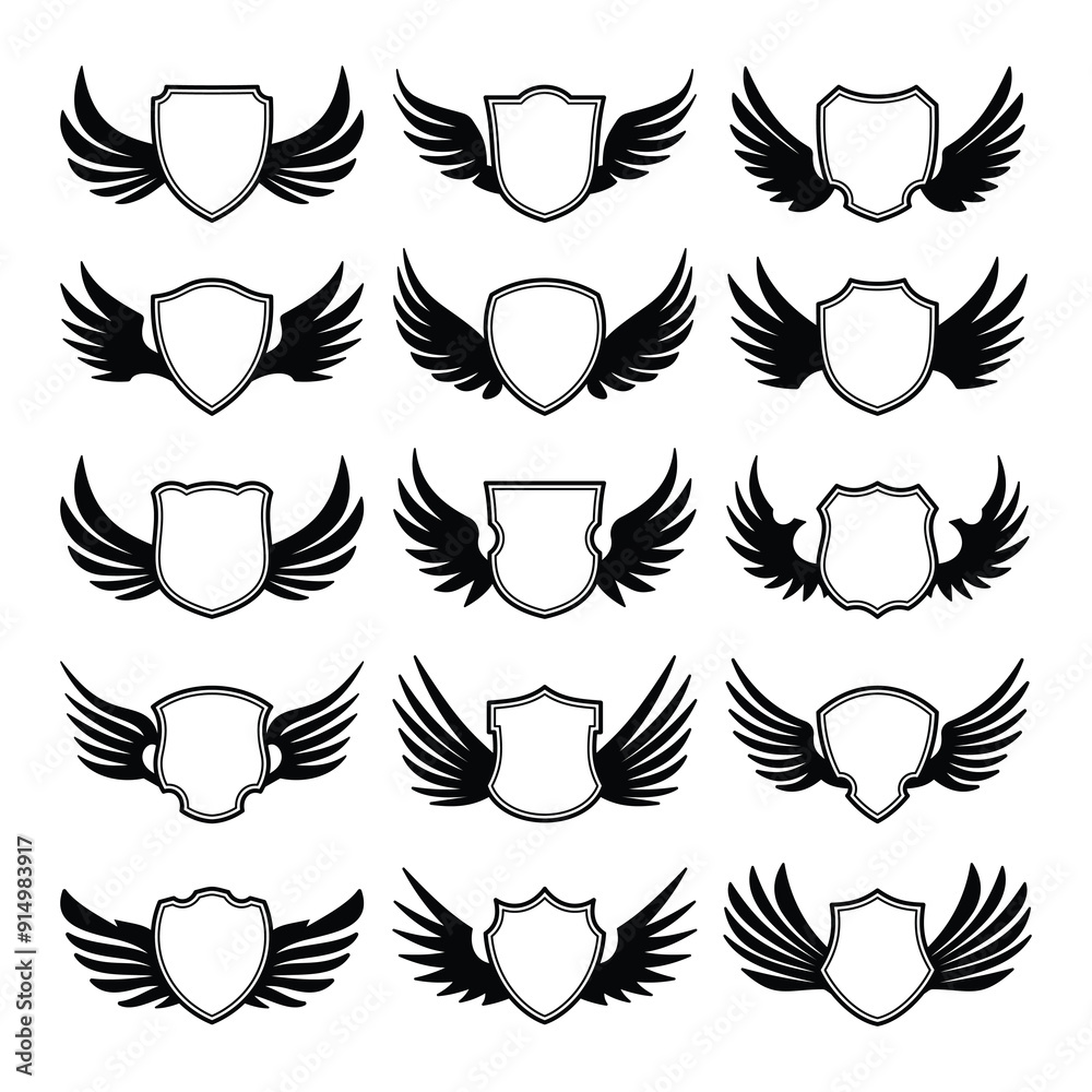 Set of shield with wings vector Set of shield with wings vector