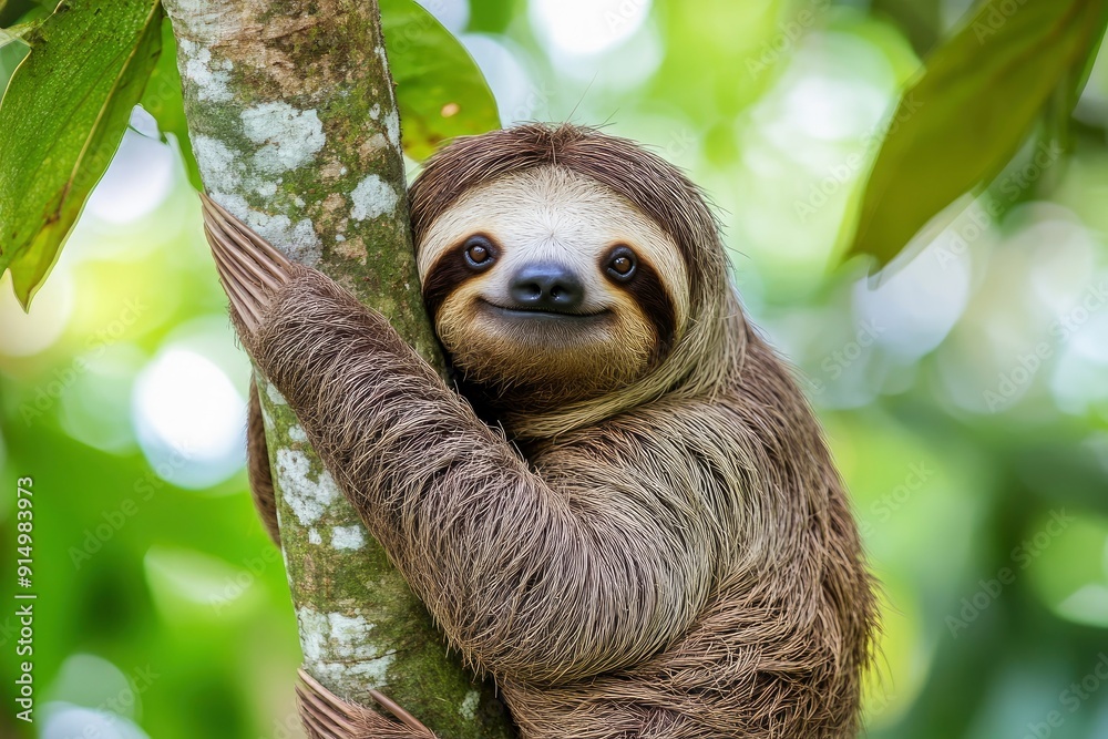 Naklejka premium Funny sloth hanging on tree branch, cute face look, perfect portrait of wild animal in the Rainforest of Costa Rica scratching the belly, Bradypus variegatus, brown-throated three-toed sloth, ai