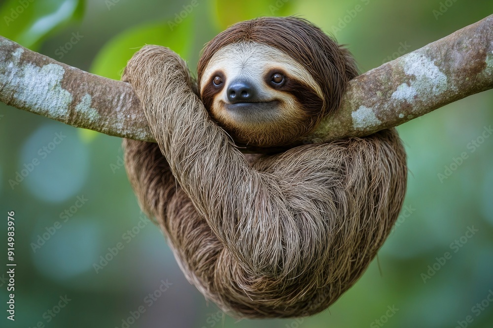Fototapeta premium Funny sloth hanging on tree branch, cute face look, perfect portrait of wild animal in the Rainforest of Costa Rica scratching the belly, Bradypus variegatus, brown-throated three-toed sloth, ai