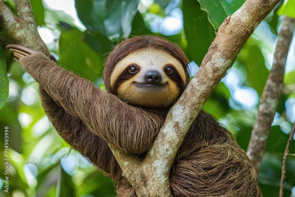 Funny sloth hanging on tree branch, cute face look, perfect portrait of wild animal in the Rainforest of Costa Rica scratching the belly, Bradypus variegatus, brown-throated three-toed sloth, ai Funny sloth hanging on tree branch, cute face look, perfect portrait of wild animal in the Rainforest of Costa Rica scratching the belly, Bradypus variegatus, brown-throated three-toed sloth, ai