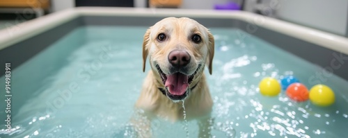 Dog in a hydrotherapy pool with toys, pet, playful therapy photo