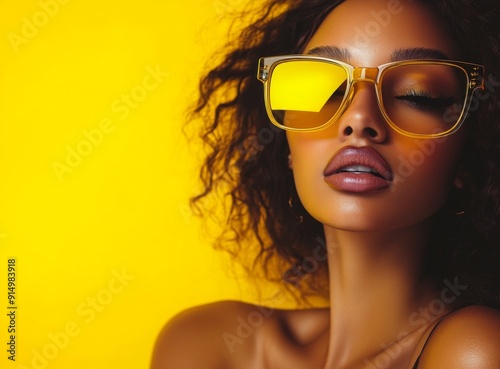 Confident Style Statement: A Close-Up of a Woman in Oversized Amber Sunglasses on a Vivid Yellow Background, Exuding a Bold Fashion Statement for E-commerce Fashion Promotion. photo