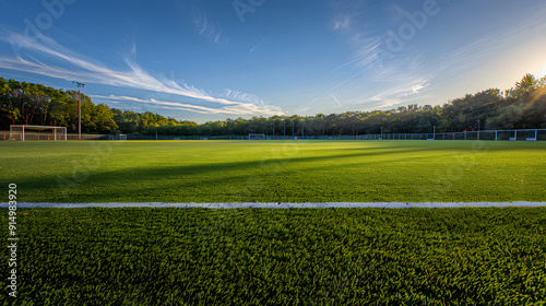 A soccer field with a white line down the middle