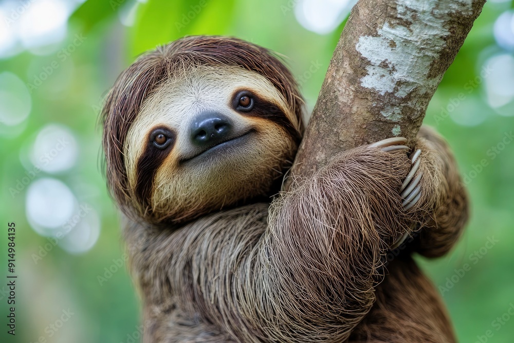 Fototapeta premium Funny sloth hanging on tree branch, cute face look, perfect portrait of wild animal in the Rainforest of Costa Rica scratching the belly, Bradypus variegatus, brown-throated three-toed sloth, ai