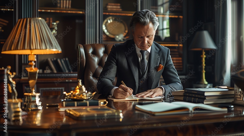 A classy gentleman in a perfectly tailored suit, writing in a notebook at a sophisticated desk in a luxurious office. The room features art deco design elements, a mix of modern and classic furniture,