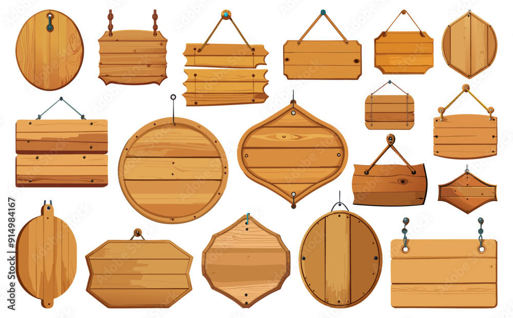 Naklejka premium 吊り下げ木製看板ベクターイラストセット