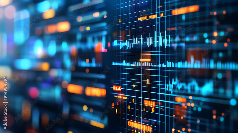 A close-up of a digital interface displaying financial graphs and data analytics, with icons representing various fintech applications A close-up of a digital interface displaying financial graphs and data analytics, with icons representing various fintech applications