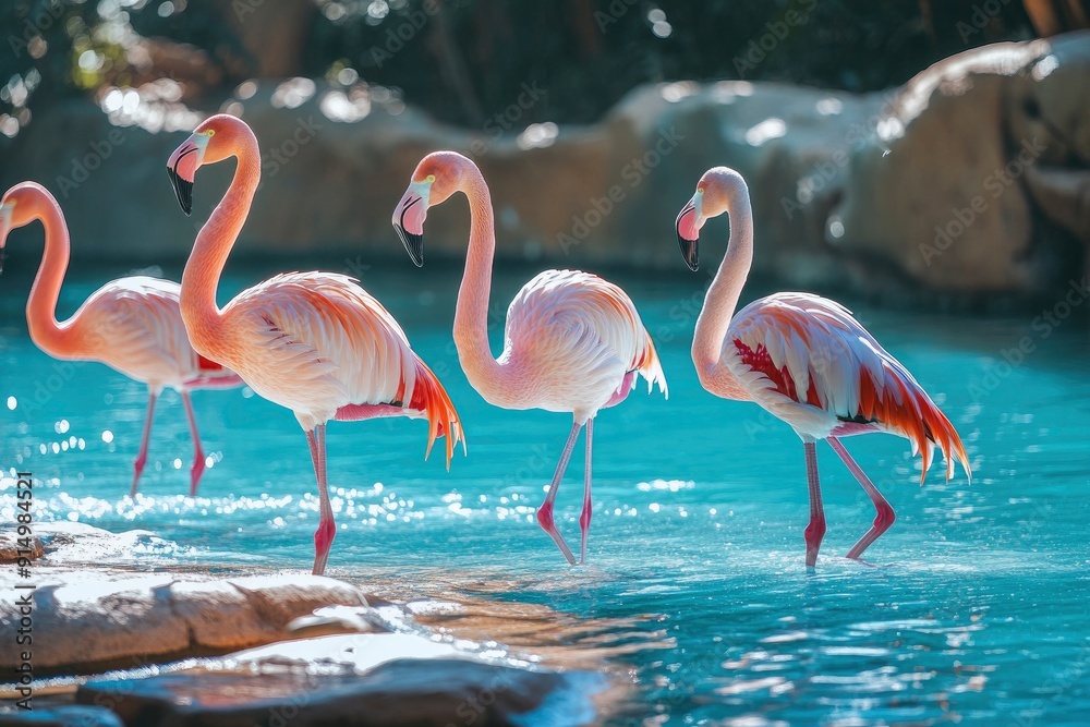 Obraz premium Wild african birds. Group birds of pink african flamingos walking around the blue lagoon on a sunny day , ai