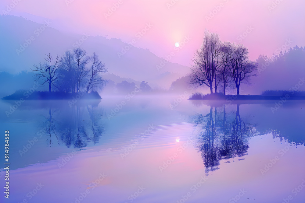 Fototapeta premium Peaceful Lakeside Dawn with Misty Reflection and Serene Atmosphere
