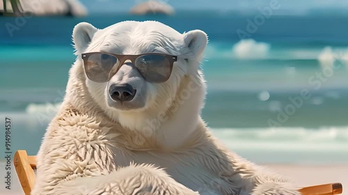 A polar bear wearing sunglasses relaxes on a beach chair by the ocean. photo