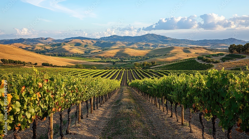 Obraz premium A scenic vineyard with rows of grapevines and a view of rolling hills in the background