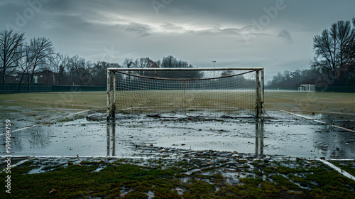 A soccer field with a white line down the middle and a goal on each end