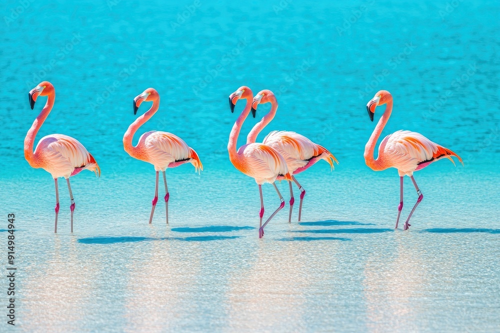 Obraz premium Wild african birds. Group birds of pink african flamingos walking around the blue lagoon on a sunny day , ai