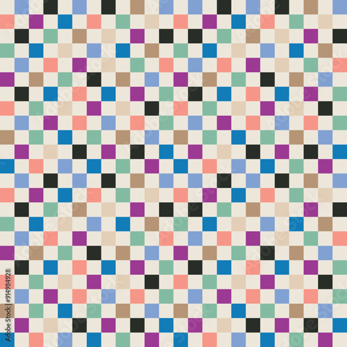  Vibrant pixelated mosaic of multicolored squares in a random grid pattern, evoking retro digital aesthetics. Perfect for modern, abstract, and tech-themed designs