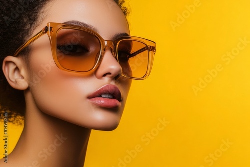 Confident Style Statement: A Close-Up of a Woman in Oversized Amber Sunglasses on a Vivid Yellow Background, Exuding a Bold Fashion Statement for E-commerce Fashion Promotion. photo