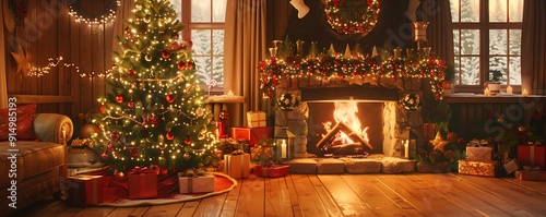 A cozy Christmas scene with a decorated tree, a roaring fireplace, and festive decorations creating a warm and inviting atmosphere. photo