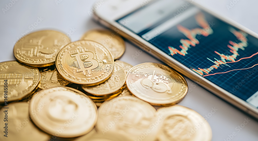 Close-up of Gold Coins with Bitcoin Logo Close-up of Gold Coins with Bitcoin Logo