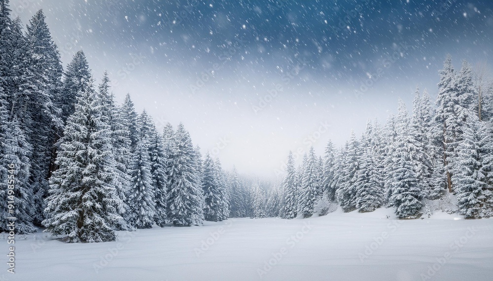 Snow-covered evergreen forest landscape under a cloudy sky with gentle snowfall creating a serene winter atmosphere Snow-covered evergreen forest landscape under a cloudy sky with gentle snowfall creating a serene winter atmosphere