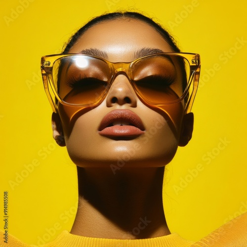 Confident Style Statement: A Close-Up of a Woman in Oversized Amber Sunglasses on a Vivid Yellow Background, Exuding a Bold Fashion Statement for E-commerce Fashion Promotion. photo