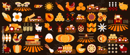 Summer black pattern. Agriculture, animal husbandry. Ancient mosaic style. Simple geometric shapes. Textile background of grain, poultry, domestic animals, beekeeping, agricultural machinery, flowers.