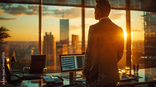 A refined gentleman in a classic suit, working at a state-of-the-art standing desk in a modern, luxurious office. The office features minimalist decor, ergonomic furniture, photo