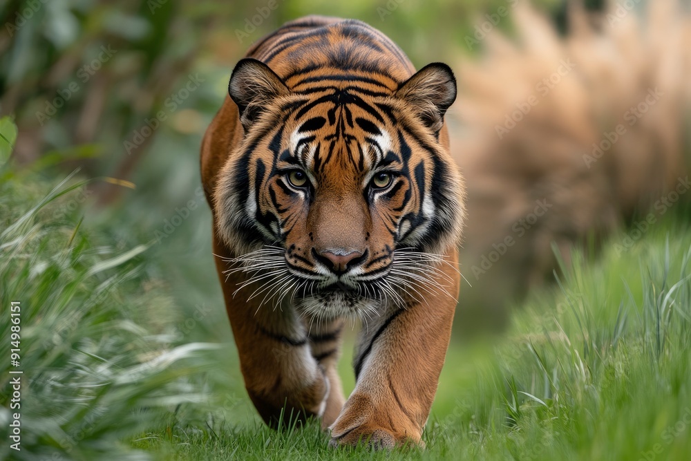 Obraz premium Proud Sumatran Tiger prowling towards the camera , ai