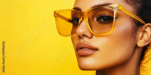 Confident Style Statement: A Close-Up of a Woman in Oversized Amber Sunglasses on a Vivid Yellow Background, Exuding a Bold Fashion Statement for E-commerce Fashion Promotion. photo