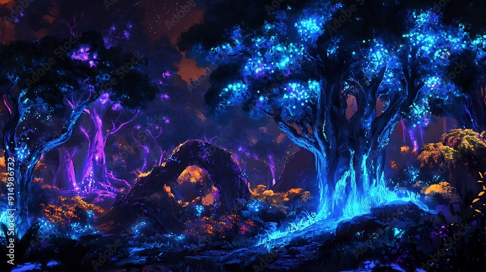 A Nighttime Forest with Glowing Blue and Purple Trees and Flowers A Nighttime Forest with Glowing Blue and Purple Trees and Flowers