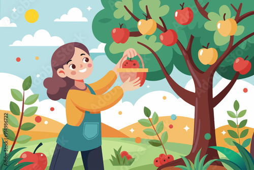 A woman is happily picking ripe apples from a tree in natures bounty.  A happy woman is picking green apples from an apple tree in nature, smiling and showing a facial expression of joy and satisfacti