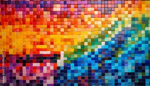 Abstract mosaic composed of colorful squares creating a vibrant gradient from warm reds and oranges to cool blues and greens