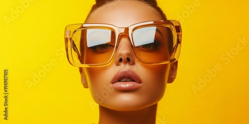 Confident Style Statement: A Close-Up of a Woman in Oversized Amber Sunglasses on a Vivid Yellow Background, Exuding a Bold Fashion Statement for E-commerce Fashion Promotion. photo