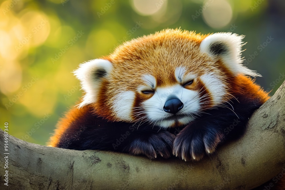 Fototapeta premium Sleeping Red Panda. Funny cute animal image, ai
