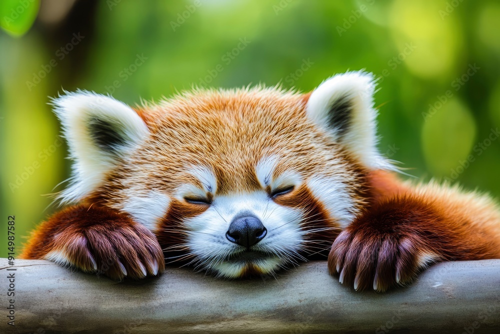Fototapeta premium Sleeping Red Panda. Funny cute animal image, ai
