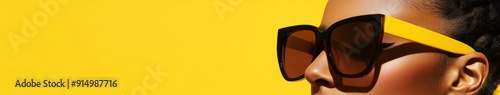 Confident Style Statement: A Close-Up of a Woman in Oversized Amber Sunglasses on a Vivid Yellow Background, Exuding a Bold Fashion Statement for E-commerce Fashion Promotion. photo