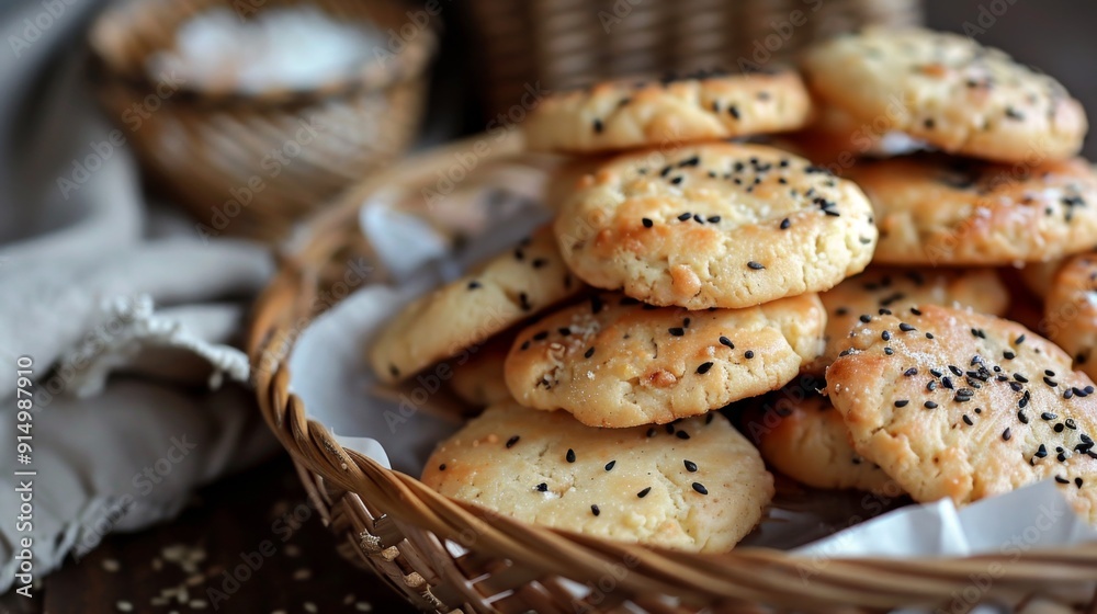Golden Sesame Seed Baked Puff Pastries Stacked on Rack Golden Sesame Seed Baked Puff Pastries Stacked on Rack
