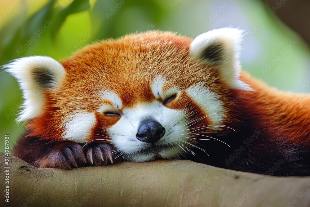 Fototapeta premium Sleeping Red Panda. Funny cute animal image, ai
