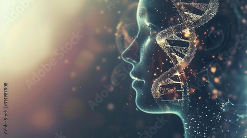 Double exposure of a human head and DNA helix, Biotech advancements, Fusion of genetics and mental health photo