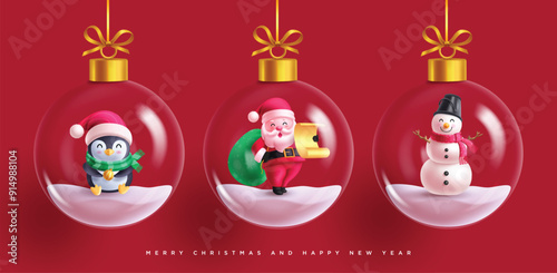 Christmas ball crystal vector set design. Christmas balls hanging with santa claus, penguin and snowman characters for xmas round bauble collection in red background. Vector illustration holiday 