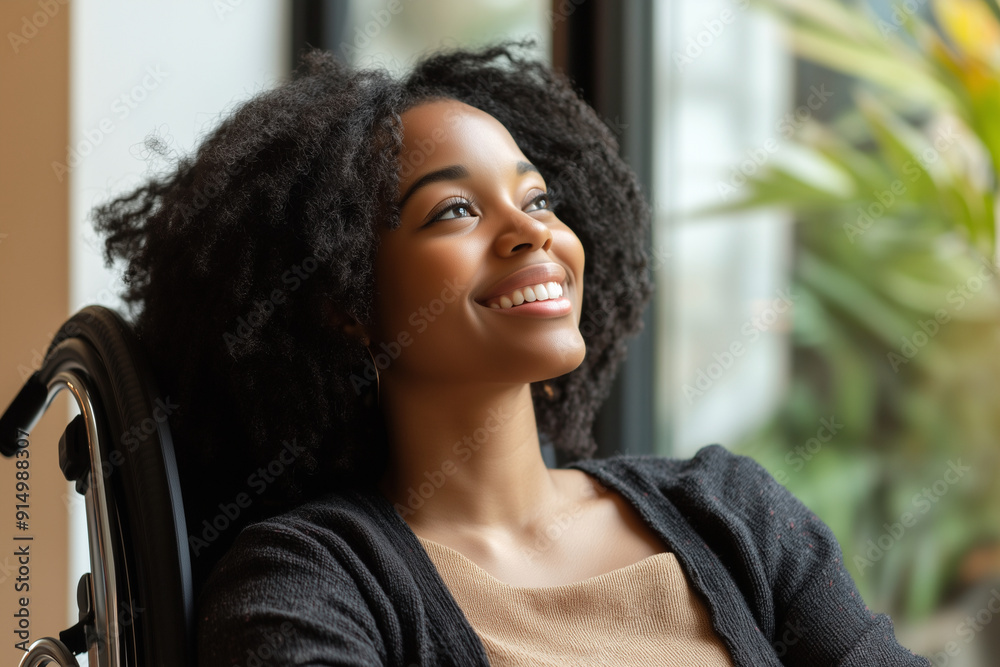  woman in a wheelchair is smiling and posing for a picture. Concept of happiness and positivity, despite the challenges that come with using a wheelchair