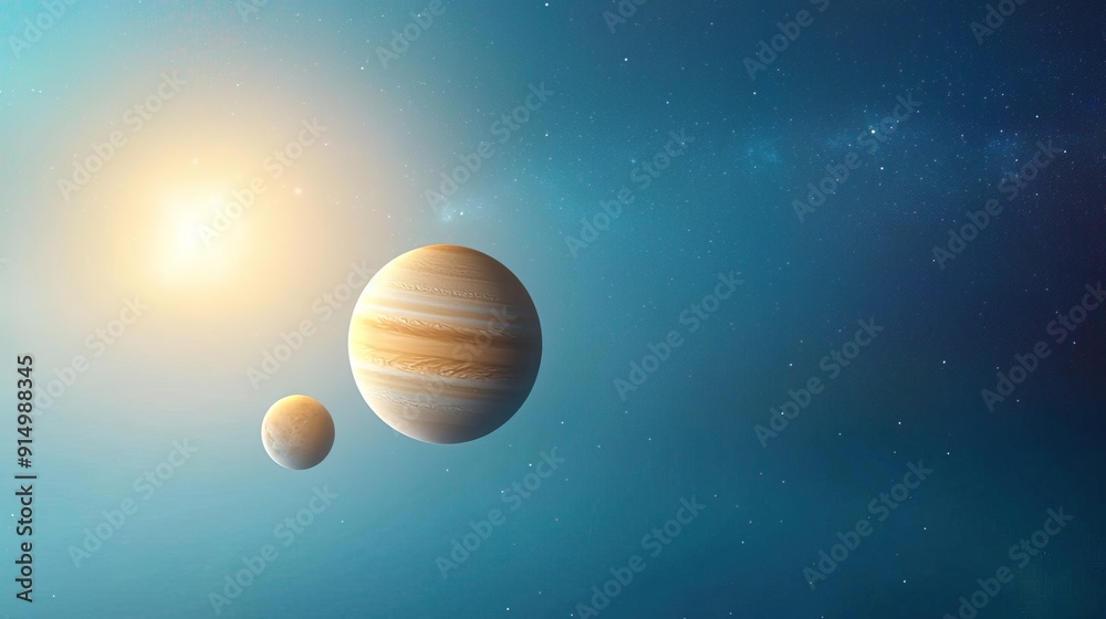 Artistic depiction of a gas giant planet with a smaller moon in orbit, against a backdrop of stars and a distant sun. Artistic depiction of a gas giant planet with a smaller moon in orbit, against a backdrop of stars and a distant sun.