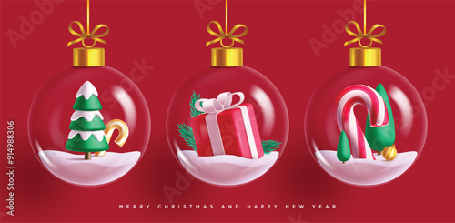 Christmas glass ball vector set design. Christmas crystal ball with pine tree, gift box and candy cane xmas elements and ornaments in red background. Vector illustration holiday season bauble 