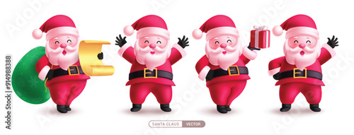 Christmas santa claus characters vector set design. Santa claus character in standing pose, holding gift sack and wish list cute costume collection elements isolated in white background. Vector 