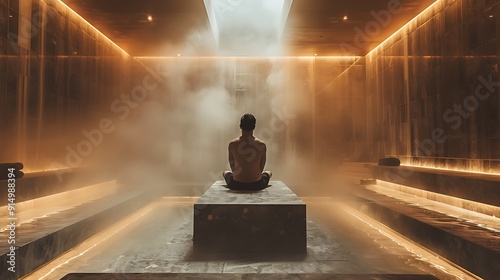 A classy gentleman enjoying a steam room session in a high-end spa, with marble benches and soft, diffused lighting. The steam creates a calming ambiance, photo