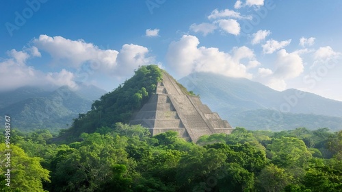 Ancient Mayan pyramid nestled in lush jungle with mountains in the background. photo