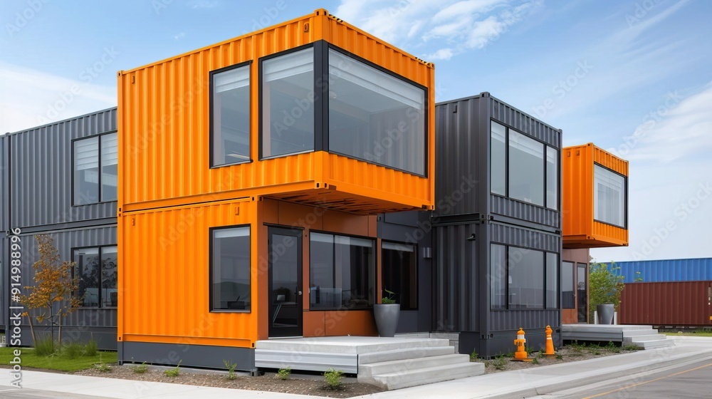 Modern shipping container office building with glass doors and landscaping. Modern shipping container office building with glass doors and landscaping.