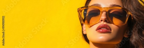 Confident Style Statement: A Close-Up of a Woman in Oversized Amber Sunglasses on a Vivid Yellow Background, Exuding a Bold Fashion Statement for E-commerce Fashion Promotion. photo